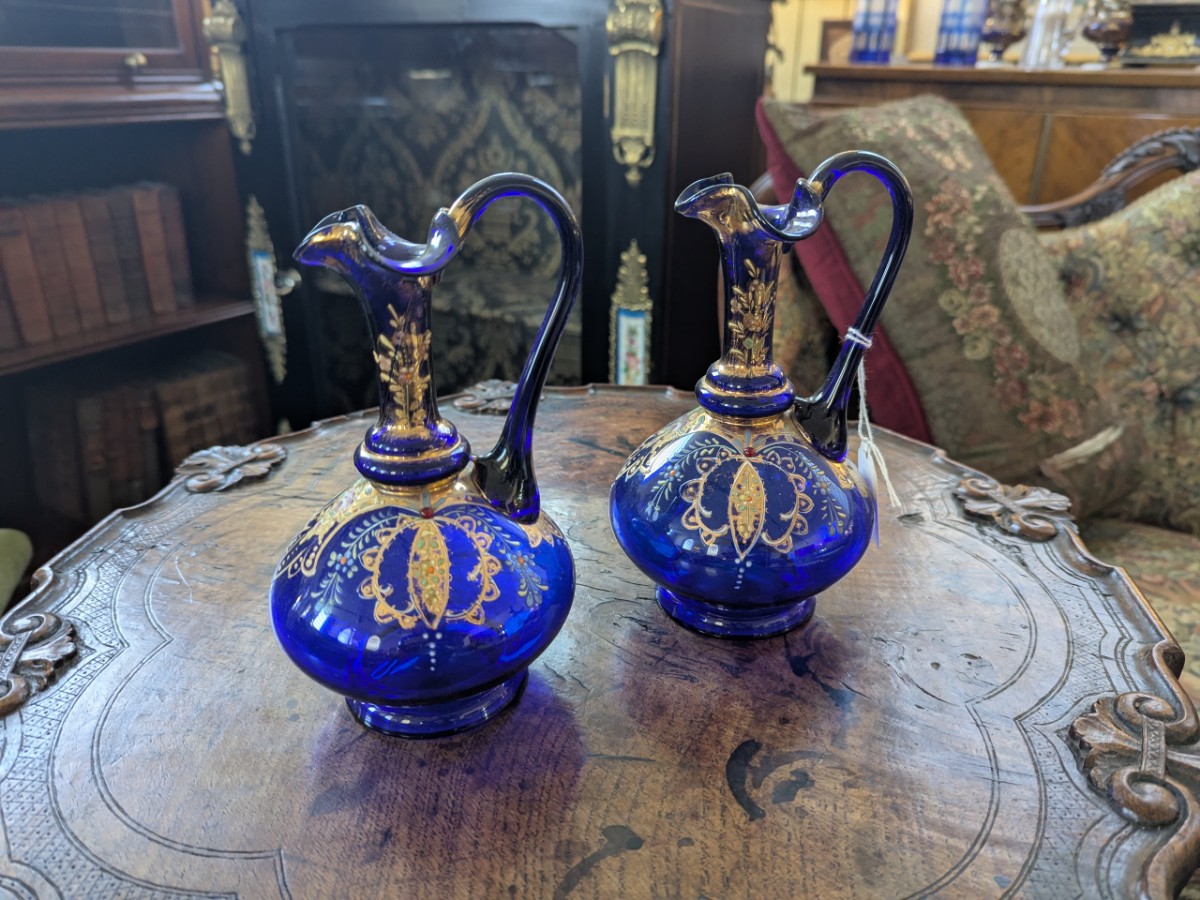 Pair Venetian Gilded Glass Ewers